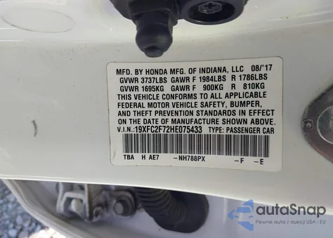 2017 Honda Civic Ex from USA, damaged, VIN 19XFC2F72HE075433
